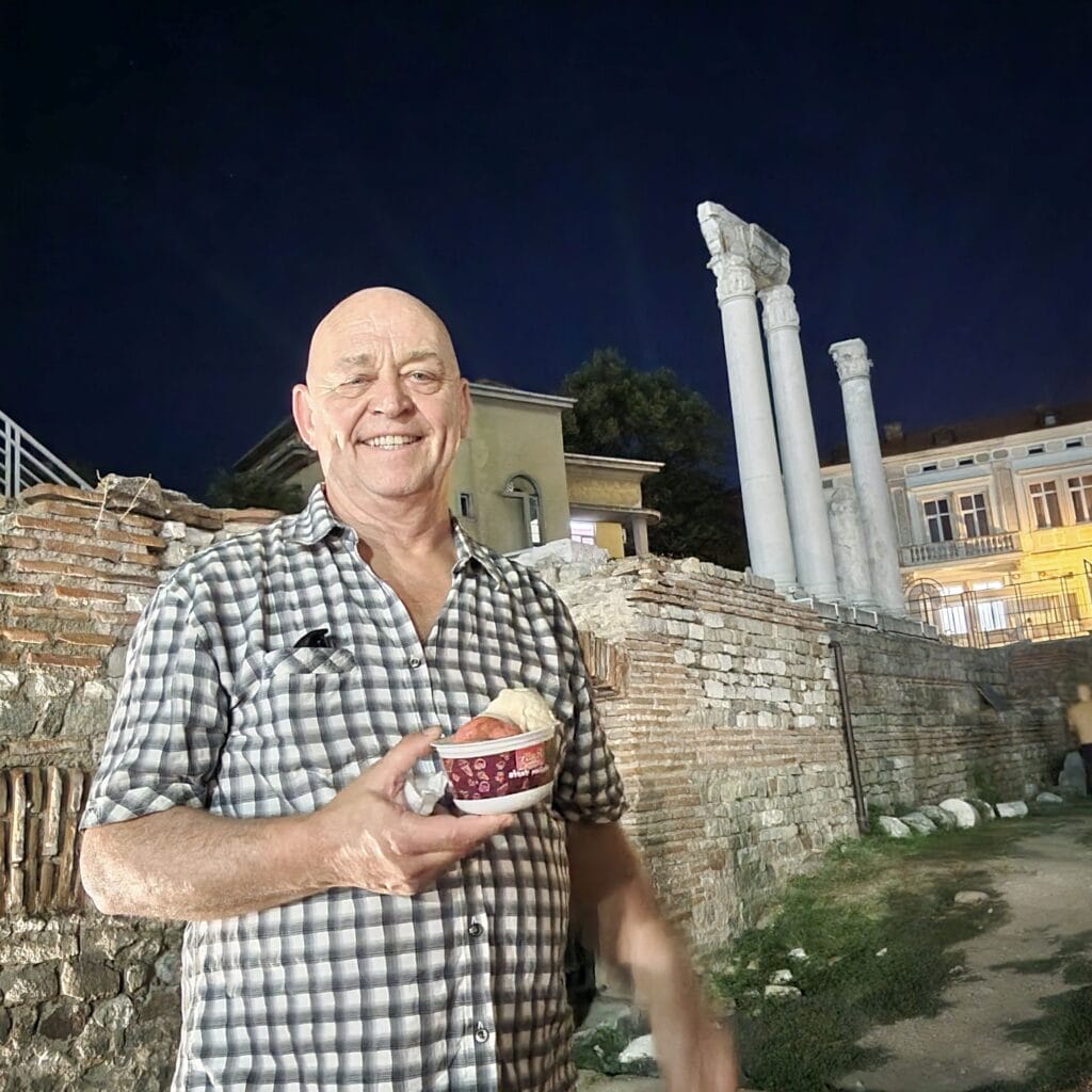 Happily Eating Gelato While Walking Through Roman Ruins in Plovdiv, Bulgaria.